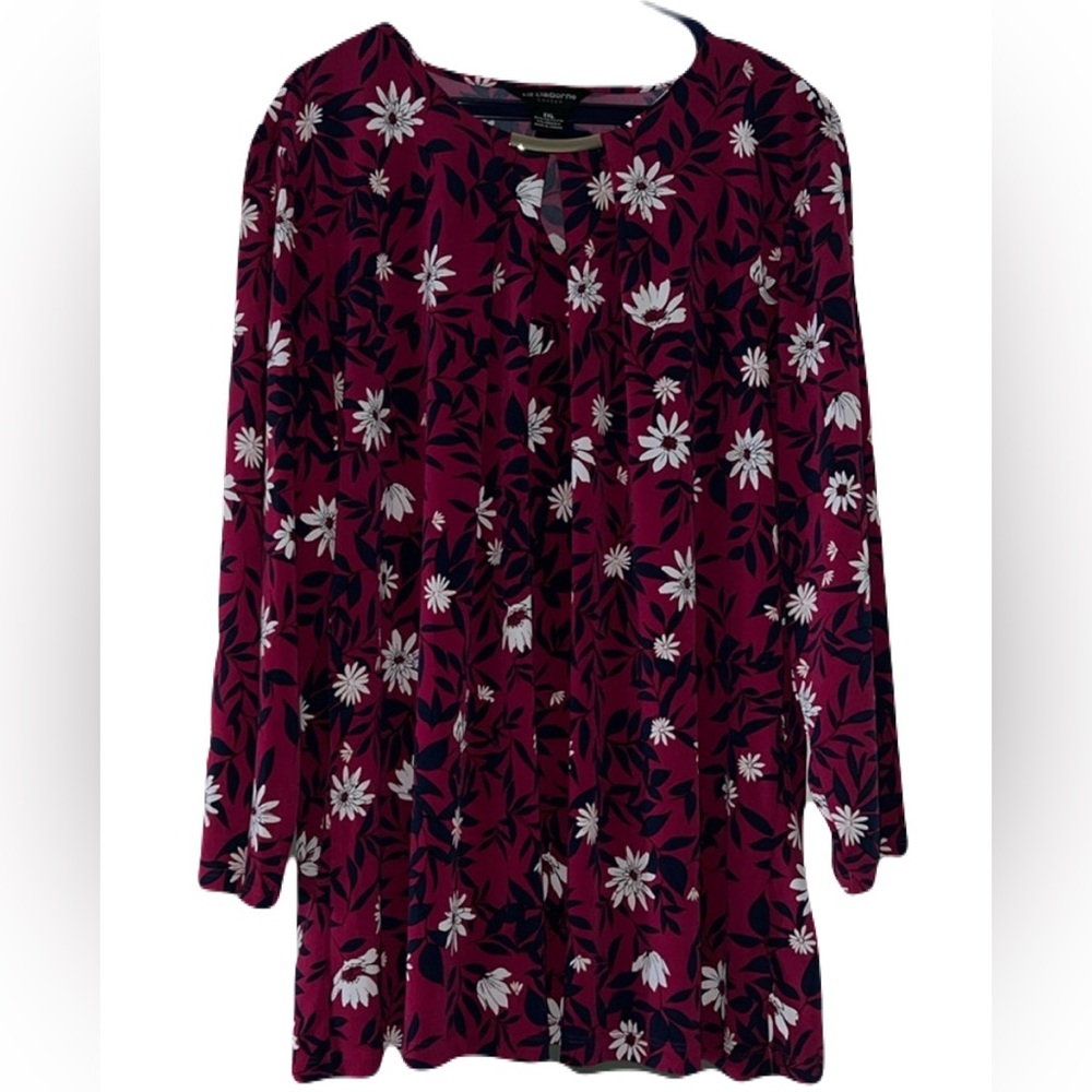 Liz Claiborne Career Floral Turnic Blouse Small V-neck design pleated Sz XXL